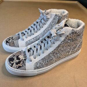 P448 Silver Glitter High-Top Sneakers with Snake-Print Toe